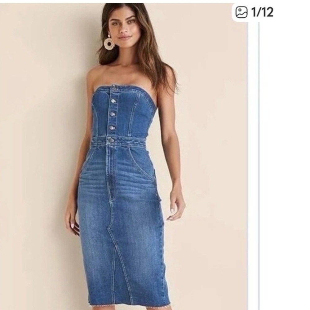 Sincerely‎ Jules Strapless Denim Midi Dress Medium Wash Blue XS Smocked Back